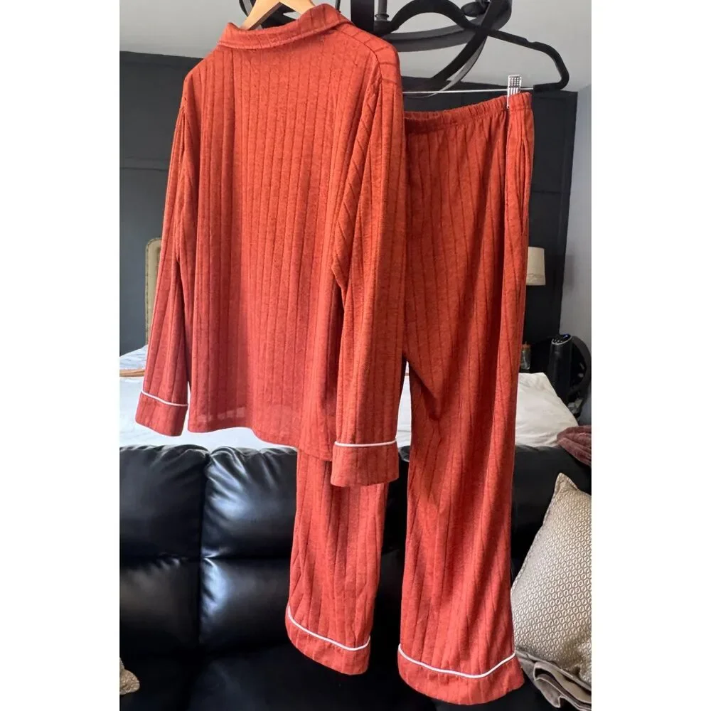 Ekouaer Women's XL Ribbed Knit Pajama Set Rust Orange